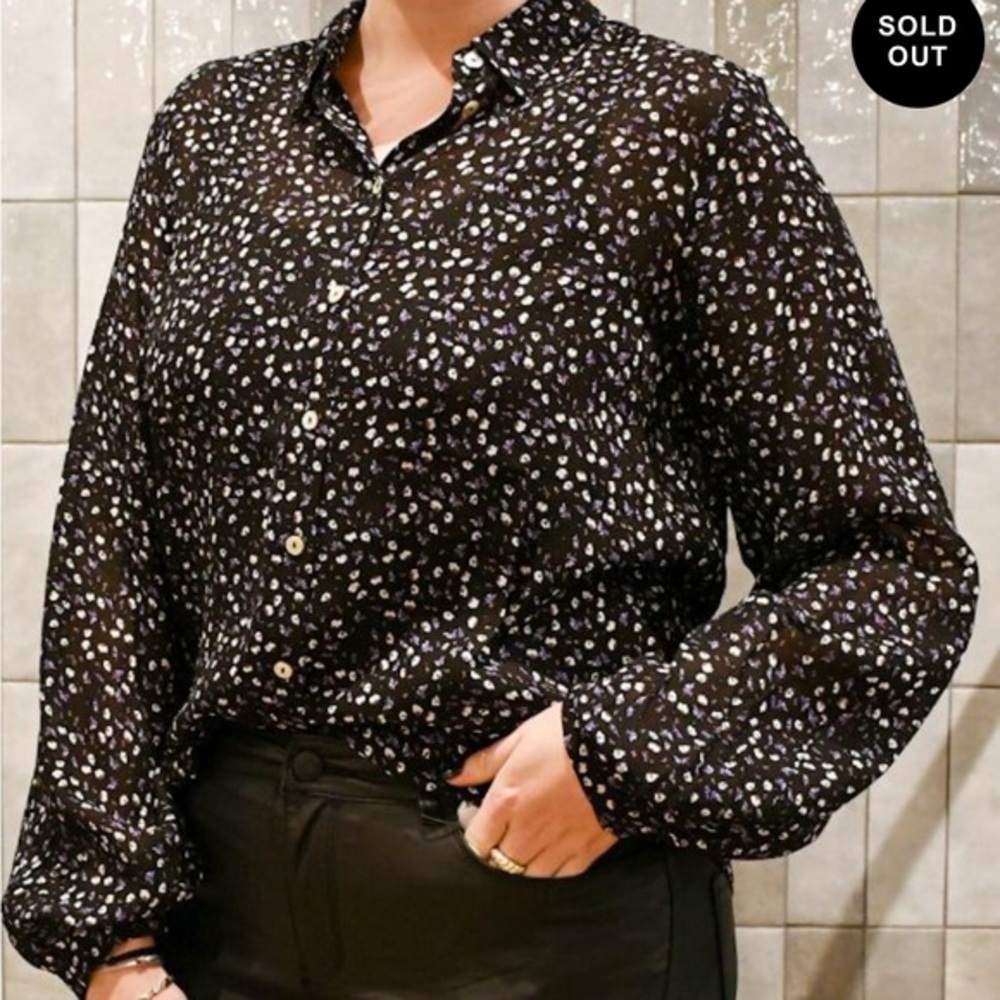 ESQUALO Black Tiny Floral Print Long Sleeve Button Down Dressy Blouse